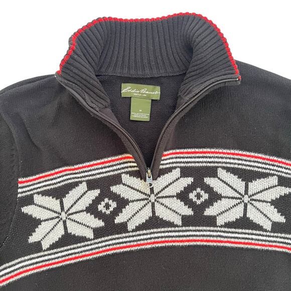 Eddie Bauer Men’s Fair Isle Half Zip Sweater Black Red Gray Cotton M - Picture 6 of 8